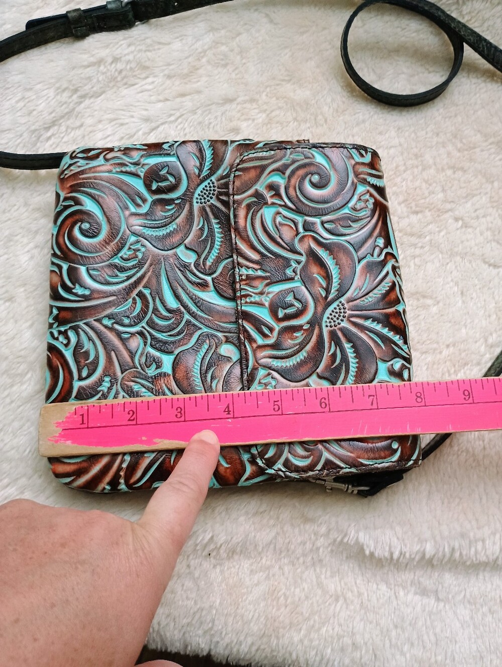 Patricia Nash Balluri Turquoise and Brown Tooled Leather Crossbody Bag